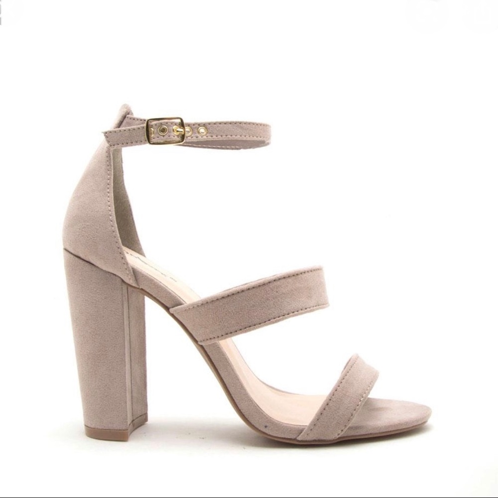 • Qupid • Taupe 3 Band Block Heel Sandals